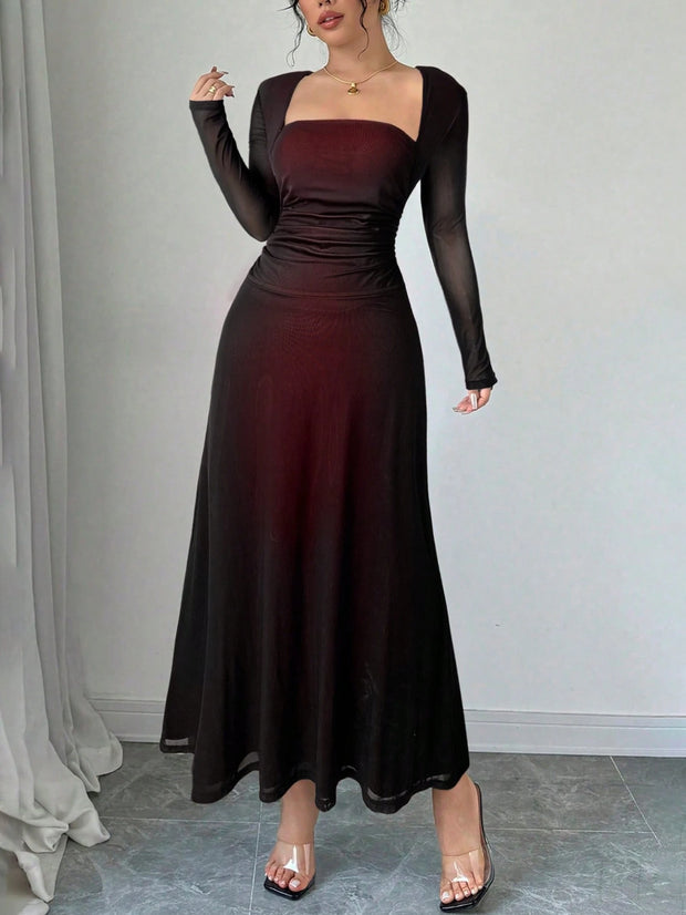 Firerie Women's Red And Black Square Neck Long Sleeve Ruffle Waist Dress