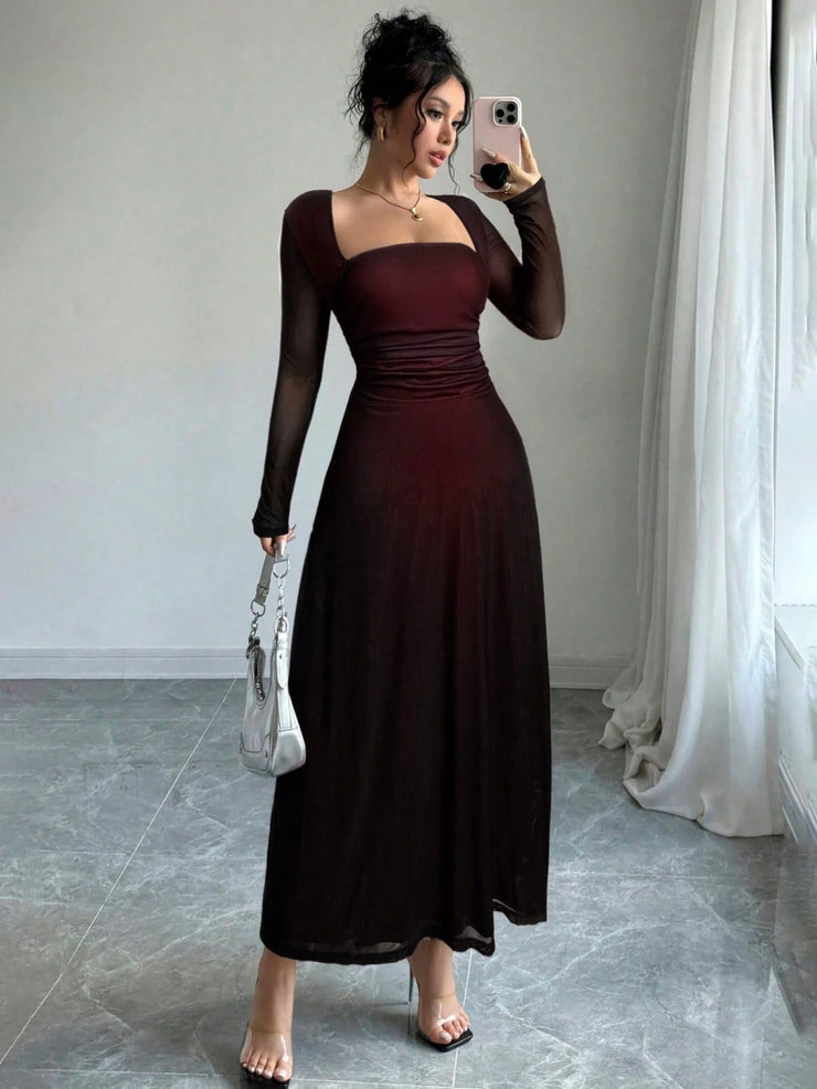 Firerie Women's Red And Black Square Neck Long Sleeve Ruffle Waist Dress