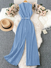 Franclia Sleeveless Mandarin Collar Cinched Waist Jumpsuit With Pleated Detail