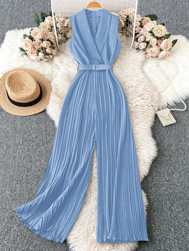 Franclia Sleeveless Mandarin Collar Cinched Waist Jumpsuit With Pleated Detail