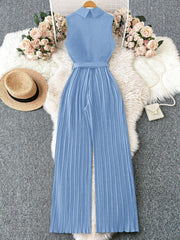 Franclia Sleeveless Mandarin Collar Cinched Waist Jumpsuit With Pleated Detail