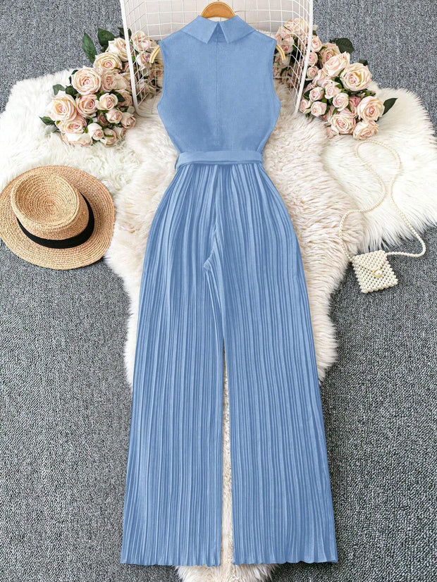 Franclia Sleeveless Mandarin Collar Cinched Waist Jumpsuit With Pleated Detail