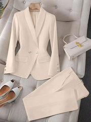 Calvaya Apricot Double-Breasted Long Sleeve Blazer And Pants Elegant Women's Suit Set