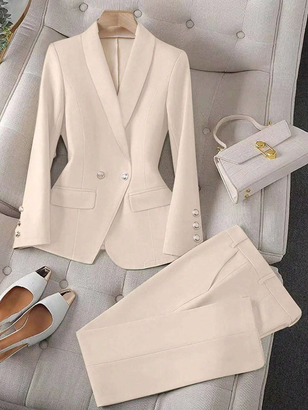 Calvaya Apricot Double-Breasted Long Sleeve Blazer And Pants Elegant Women's Suit Set