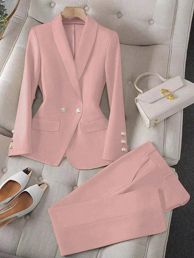 Calvaya Apricot Double-Breasted Long Sleeve Blazer And Pants Elegant Women's Suit Set