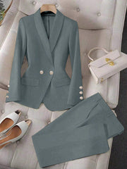 Calvaya Apricot Double-Breasted Long Sleeve Blazer And Pants Elegant Women's Suit Set