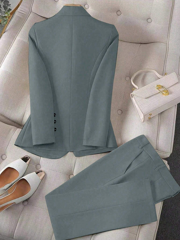 Calvaya Apricot Double-Breasted Long Sleeve Blazer And Pants Elegant Women's Suit Set
