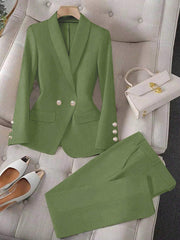 Calvaya Apricot Double-Breasted Long Sleeve Blazer And Pants Elegant Women's Suit Set