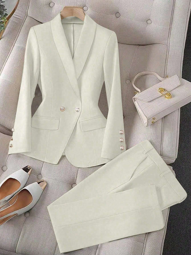 Calvaya Apricot Double-Breasted Long Sleeve Blazer And Pants Elegant Women's Suit Set