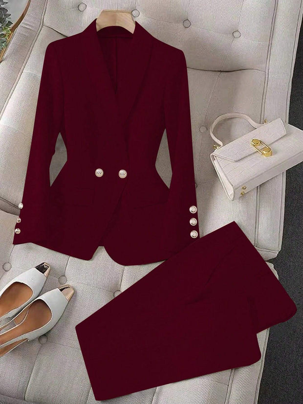 Calvaya Apricot Double-Breasted Long Sleeve Blazer And Pants Elegant Women's Suit Set