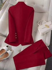 Calvaya Apricot Double-Breasted Long Sleeve Blazer And Pants Elegant Women's Suit Set