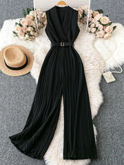Franclia Sleeveless Mandarin Collar Cinched Waist Jumpsuit With Pleated Detail