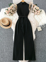 Franclia Sleeveless Mandarin Collar Cinched Waist Jumpsuit With Pleated Detail