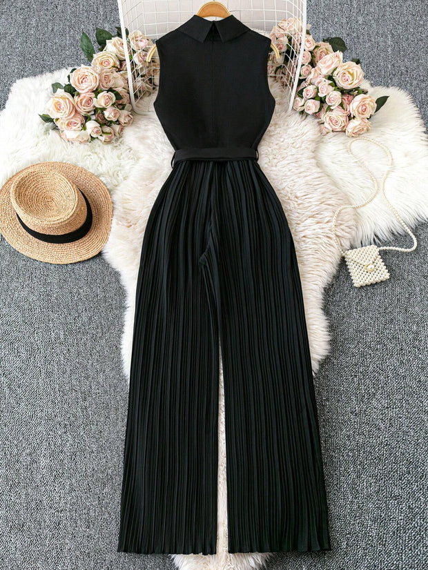Franclia Sleeveless Mandarin Collar Cinched Waist Jumpsuit With Pleated Detail