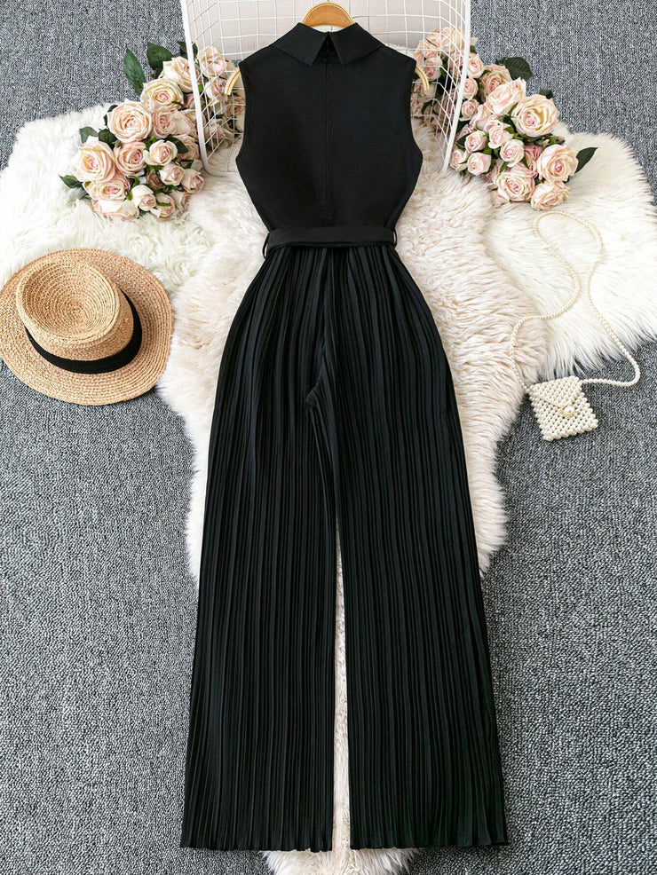 Franclia Sleeveless Mandarin Collar Cinched Waist Jumpsuit With Pleated Detail
