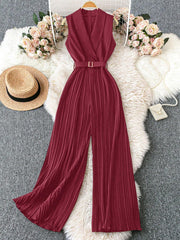 Franclia Sleeveless Mandarin Collar Cinched Waist Jumpsuit With Pleated Detail