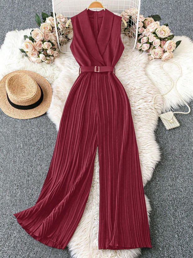 Franclia Sleeveless Mandarin Collar Cinched Waist Jumpsuit With Pleated Detail