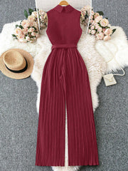 Franclia Sleeveless Mandarin Collar Cinched Waist Jumpsuit With Pleated Detail