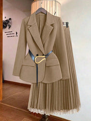 Franclia Women's Solid Color Lapel Collar Long Sleeve Blazer And Pleated Mini Skirt Elegant Suit Set