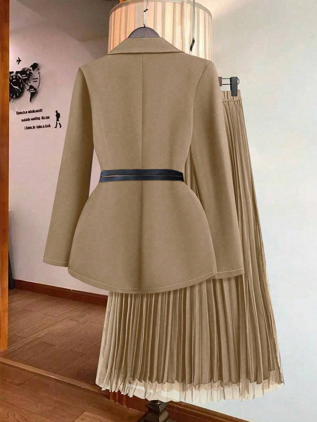 Franclia Women's Solid Color Lapel Collar Long Sleeve Blazer And Pleated Mini Skirt Elegant Suit Set
