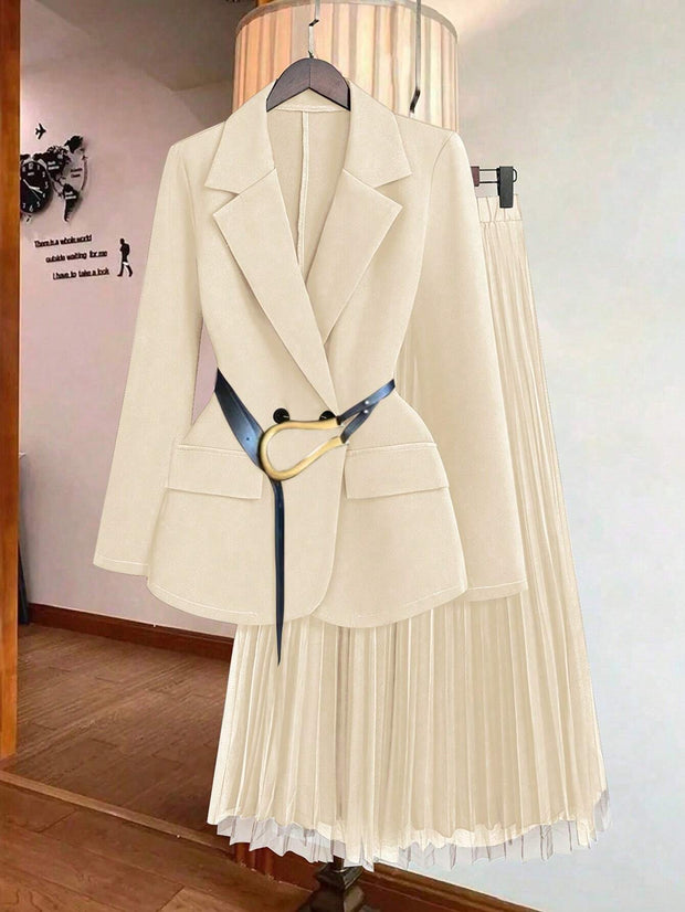 Franclia Women's Solid Color Lapel Collar Long Sleeve Blazer And Pleated Mini Skirt Elegant Suit Set