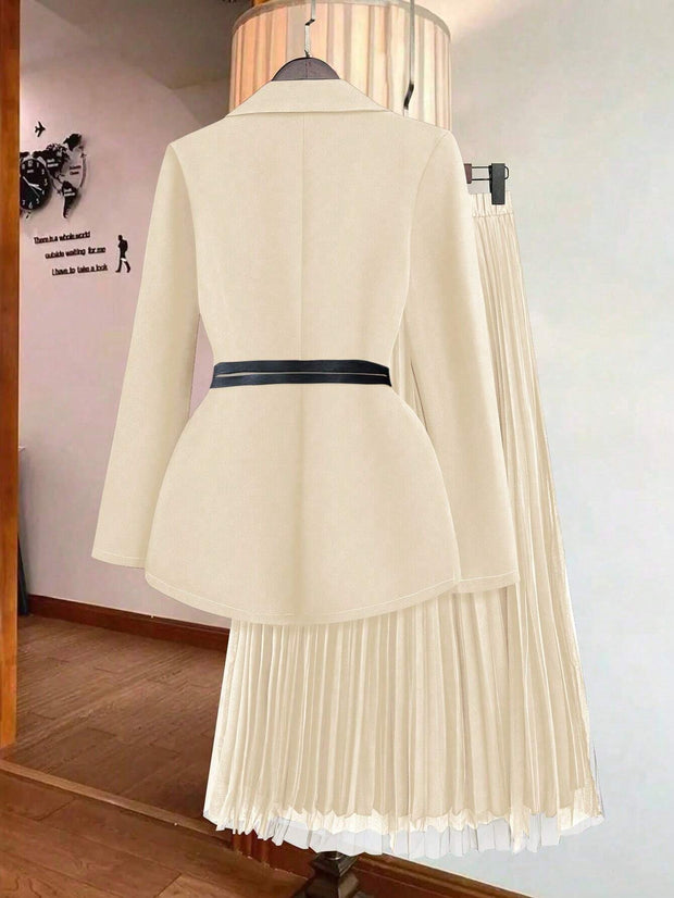 Franclia Women's Solid Color Lapel Collar Long Sleeve Blazer And Pleated Mini Skirt Elegant Suit Set