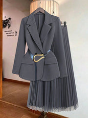 Franclia Women's Solid Color Lapel Collar Long Sleeve Blazer And Pleated Mini Skirt Elegant Suit Set