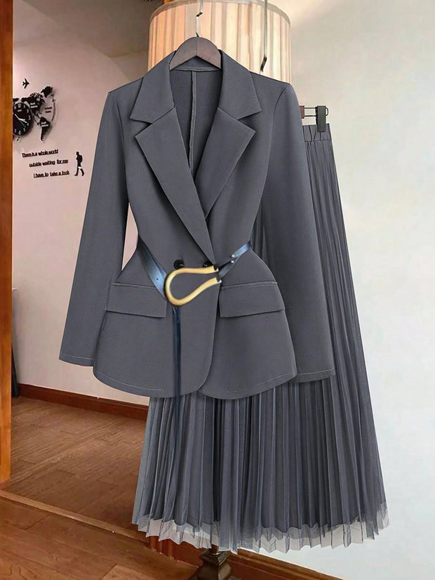 Franclia Women's Solid Color Lapel Collar Long Sleeve Blazer And Pleated Mini Skirt Elegant Suit Set