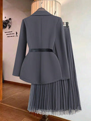 Franclia Women's Solid Color Lapel Collar Long Sleeve Blazer And Pleated Mini Skirt Elegant Suit Set
