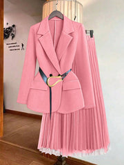 Franclia Women's Solid Color Lapel Collar Long Sleeve Blazer And Pleated Mini Skirt Elegant Suit Set