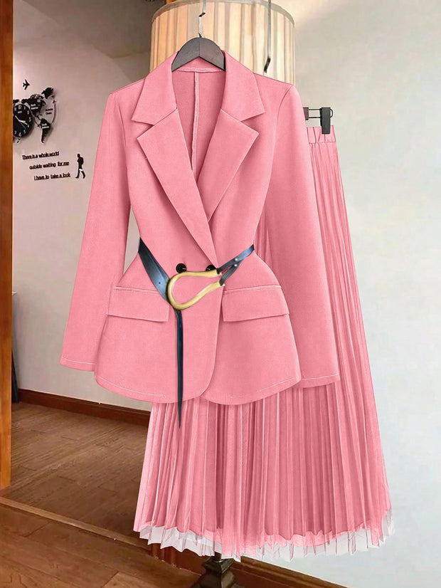 Franclia Women's Solid Color Lapel Collar Long Sleeve Blazer And Pleated Mini Skirt Elegant Suit Set