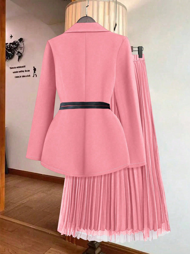 Franclia Women's Solid Color Lapel Collar Long Sleeve Blazer And Pleated Mini Skirt Elegant Suit Set