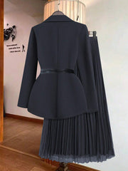 Franclia Women's Solid Color Lapel Collar Long Sleeve Blazer And Pleated Mini Skirt Elegant Suit Set