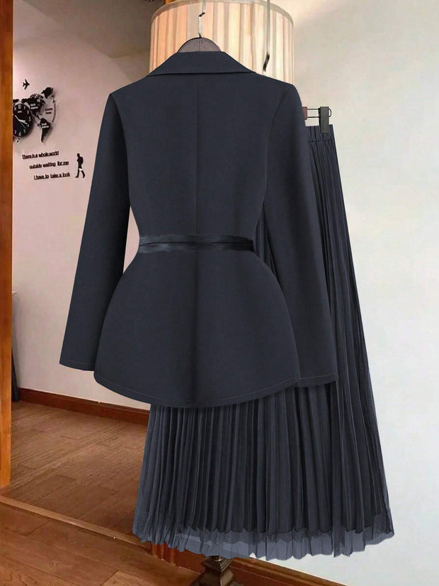 Franclia Women's Solid Color Lapel Collar Long Sleeve Blazer And Pleated Mini Skirt Elegant Suit Set