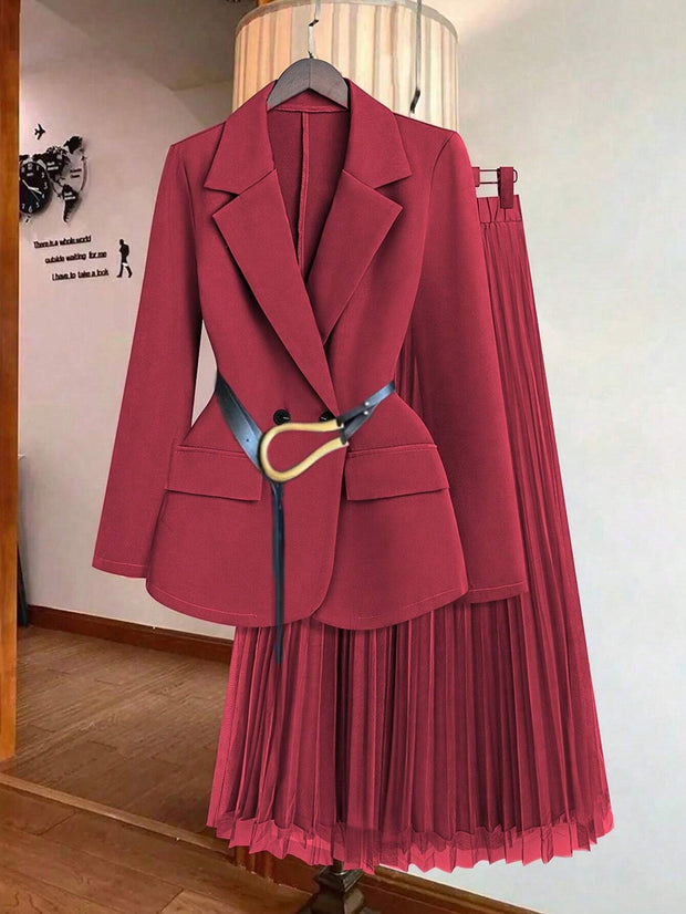 Franclia Women's Solid Color Lapel Collar Long Sleeve Blazer And Pleated Mini Skirt Elegant Suit Set