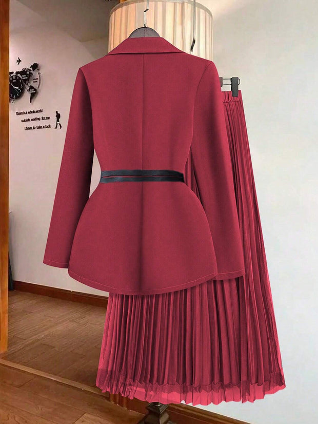 Franclia Women's Solid Color Lapel Collar Long Sleeve Blazer And Pleated Mini Skirt Elegant Suit Set