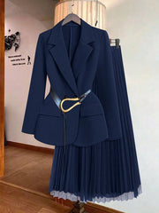 Franclia Women's Solid Color Lapel Collar Long Sleeve Blazer And Pleated Mini Skirt Elegant Suit Set
