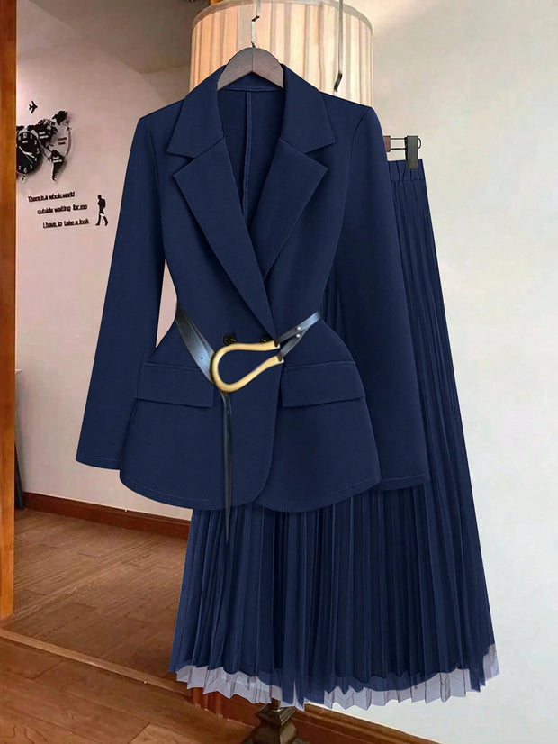 Franclia Women's Solid Color Lapel Collar Long Sleeve Blazer And Pleated Mini Skirt Elegant Suit Set