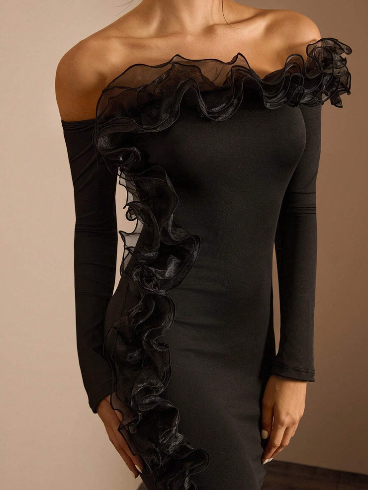 Glamine 1pc Women's Asymmetrical Ruffle Trim Off-Shoulder Long Sleeve Dress