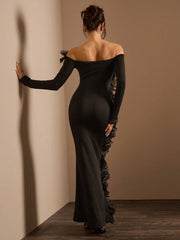 Glamine 1pc Women's Asymmetrical Ruffle Trim Off-Shoulder Long Sleeve Dress