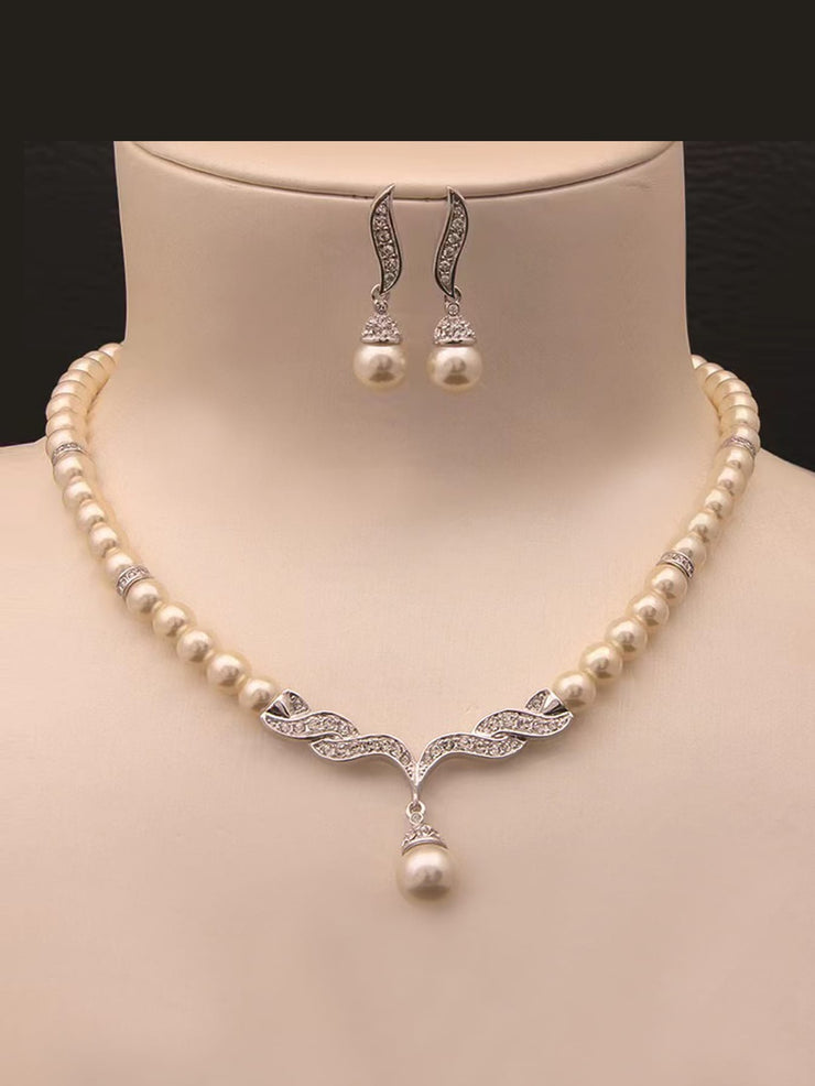 Handmade Beaded Glass Pearl With Rhinestones Necklace Earring Set