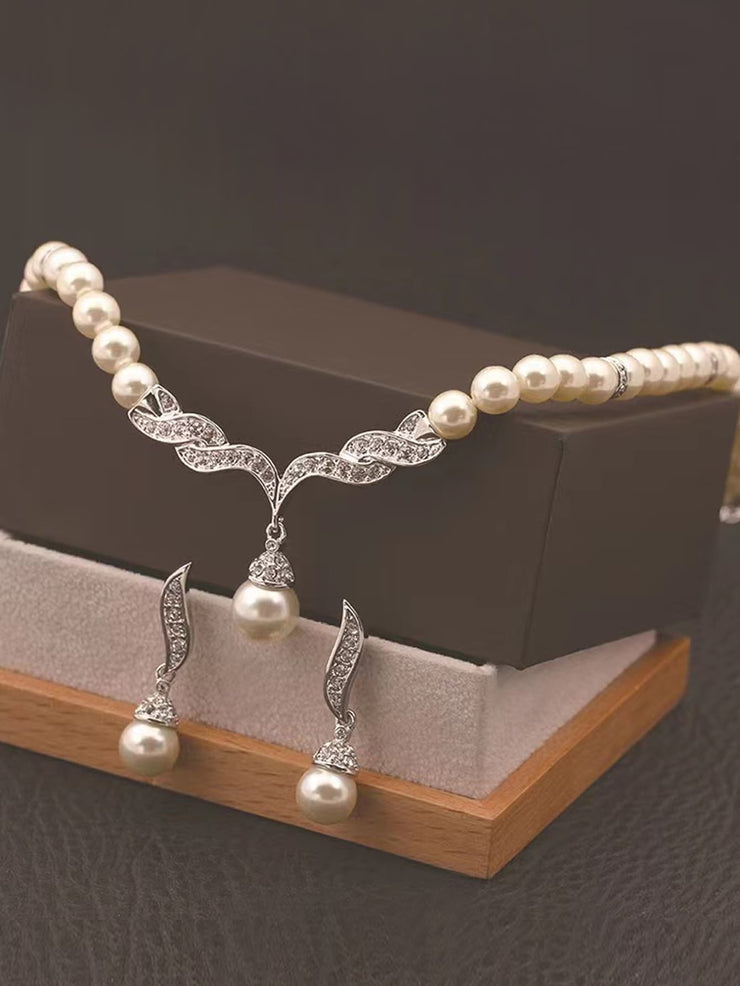 Handmade Beaded Glass Pearl With Rhinestones Necklace Earring Set