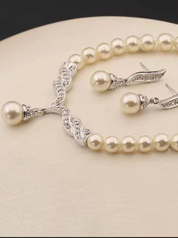 Handmade Beaded Glass Pearl With Rhinestones Necklace Earring Set