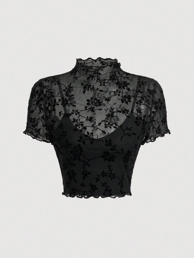 SHEIN MOD Plus Size Velvet Mesh Stand Collar T-Shirt, For Winter