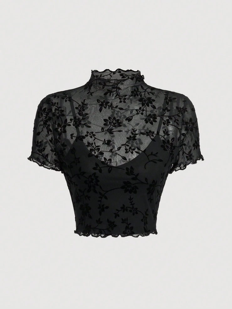 SHEIN MOD Plus Size Velvet Mesh Stand Collar T-Shirt, For Winter