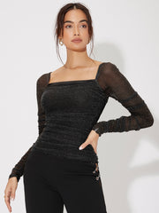 SHEIN Felegant Mesh Panel Ruched Glitter Top