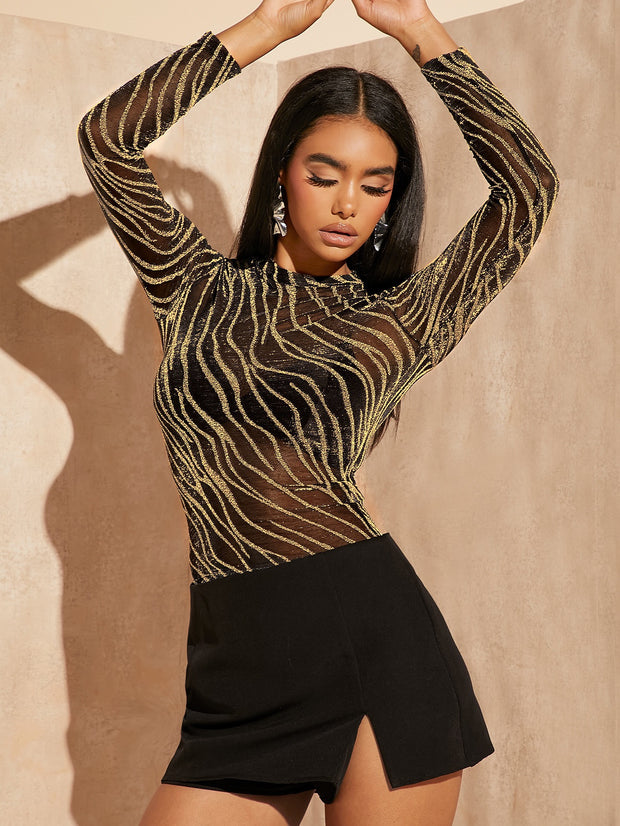 SHEIN BAE Lettuce Trim Glitter Sheer Mesh Top Without Bra