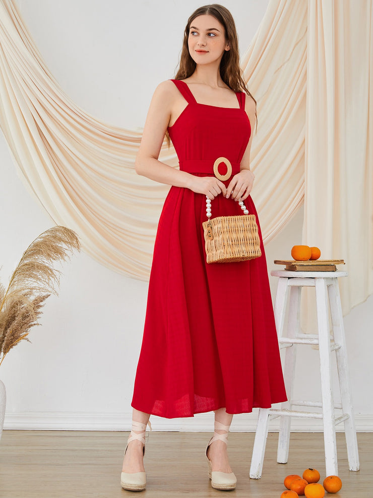 Firerie Women's Elegant Simple Vacation Beach Yellow Ruched Textured Fabric Spaghetti Strap Cinched Waist A-Line Mid-Length Dress