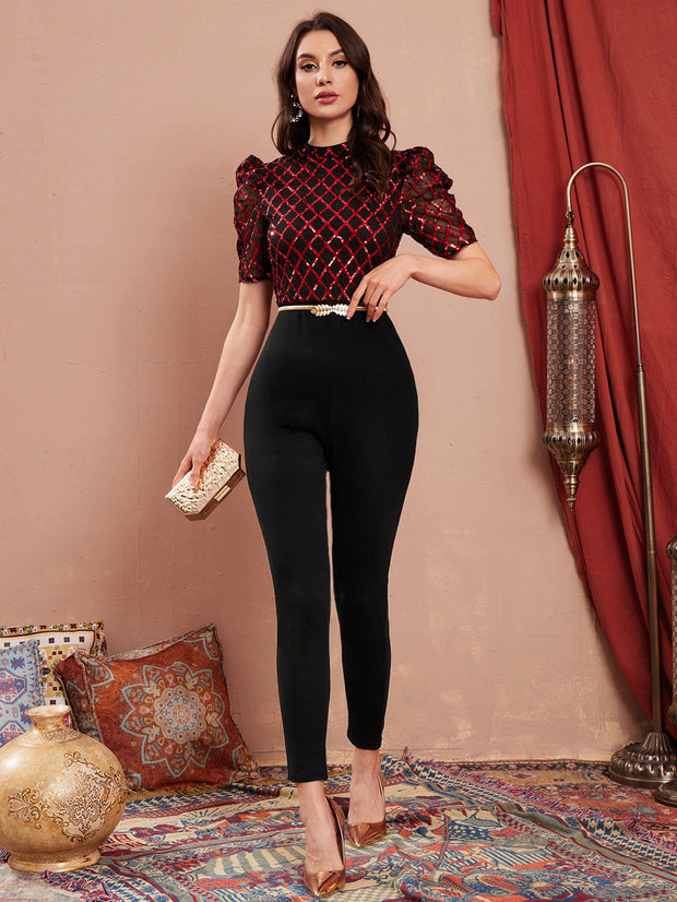 Modelyn Puff Sleeve Plaid Sequin Bodice Combo Jumpsuit Without Belt