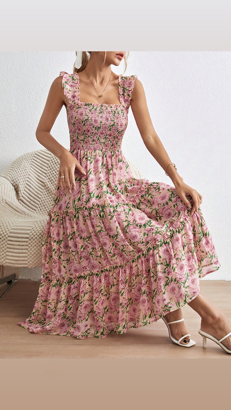 SHEIN Frenchy Women's Random Print Square Neck Cap Sleeve Dress Summer Flower Pink